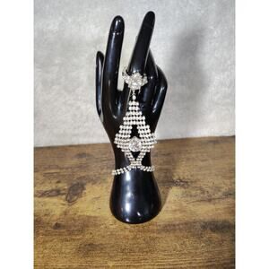Rhinestone Hand Chain Bracelet Ring Harness Silver Prom Wedding Glam